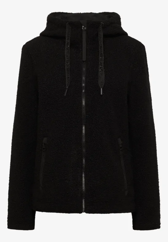 Schwarze, flauschige Kapuzenjacke mit Reißverschluss und Kordelzug