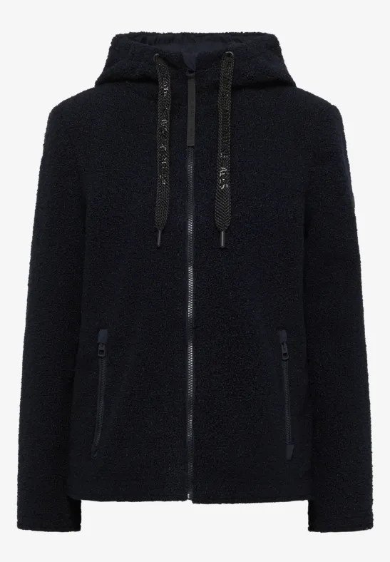 Schwarze Teddy-Fleecejacke mit Kapuze, Reißverschluss und seitlichen Taschen.