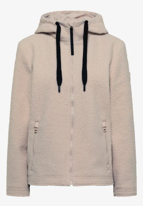 Beiger Sherpa-Fleece-Hoodie mit Kapuze und schwarzen Kordeln, seitliche Reißverschlusstaschen.