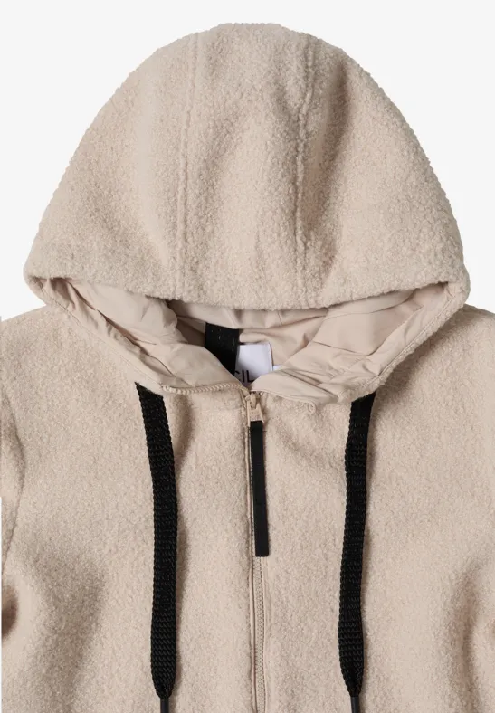 Beige Kuschel-Fleece-Hoodie mit Reißverschluss und schwarzen Kordeln, samtig und warm.