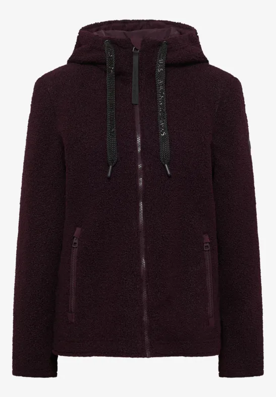 Dunkelrote Teddy-Fleece-Jacke mit Kapuze, Reißverschluss und seitlichen Taschen.