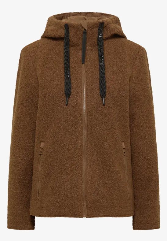 Braune Teddy-Fleecejacke mit Kapuze, Reißverschluss und Taschen.