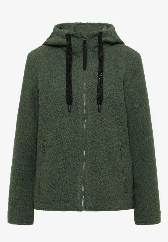 Dunkelgrüne Fleece-Jacke mit Kapuze, Reißverschluss und schwarzen Kordeln