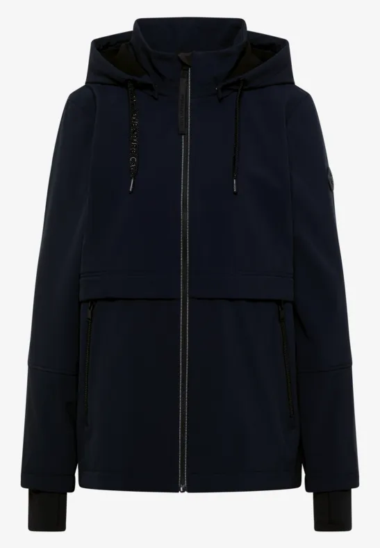 Veste à capuche bleu foncé avec fermeture éclair intégrale, poches pratiques et poignets côtelés.