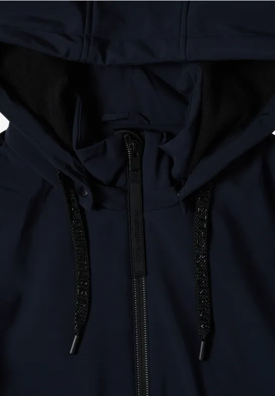 Veste softshell bleu marine avec zip central et cordons pailletés à capuche.