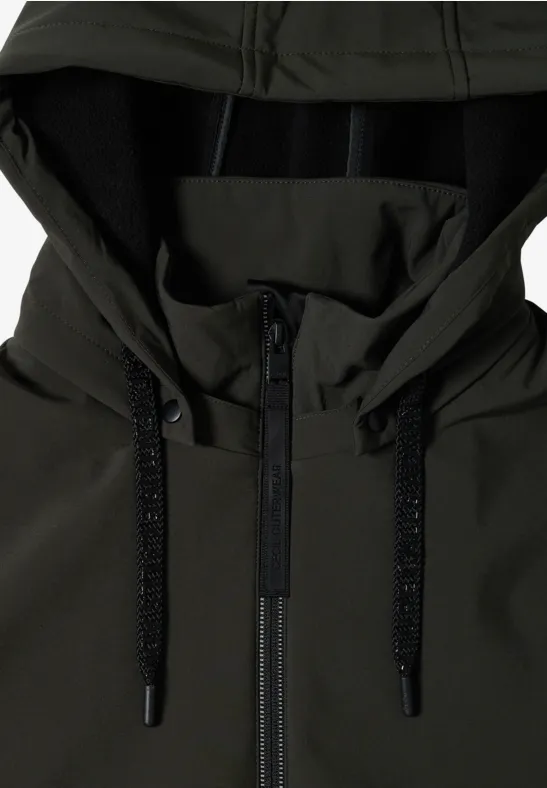Veste à capuche vert foncé en tissu technique, fermeture zippée intégrale et cordons de serrage