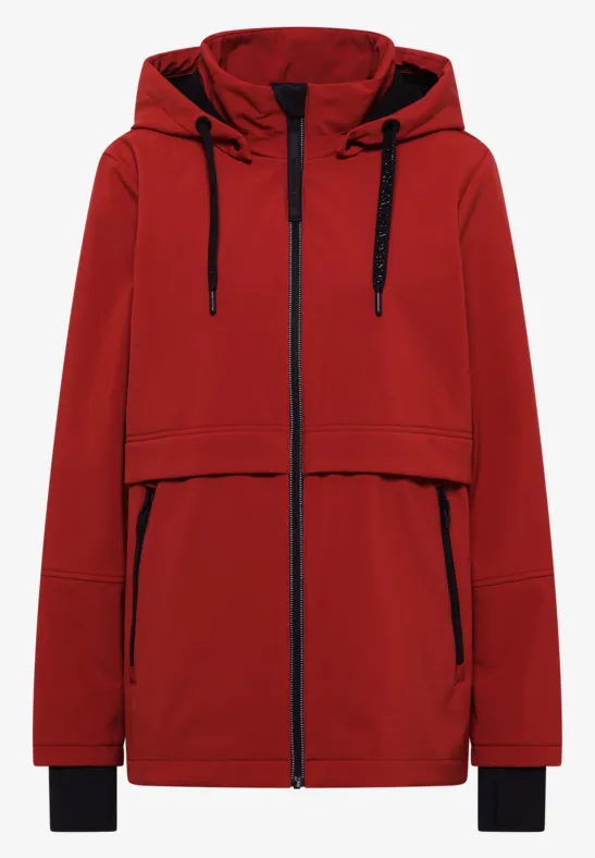 Roter Damen-Regenparka mit Kapuze, Reißverschluss und Seitentaschen.