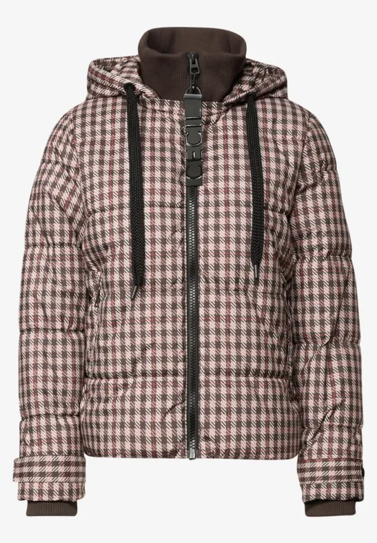 Gepolsterte, kariert gemusterte Kapuzenjacke mit Reißverschluss und schwarzen Kordeln.