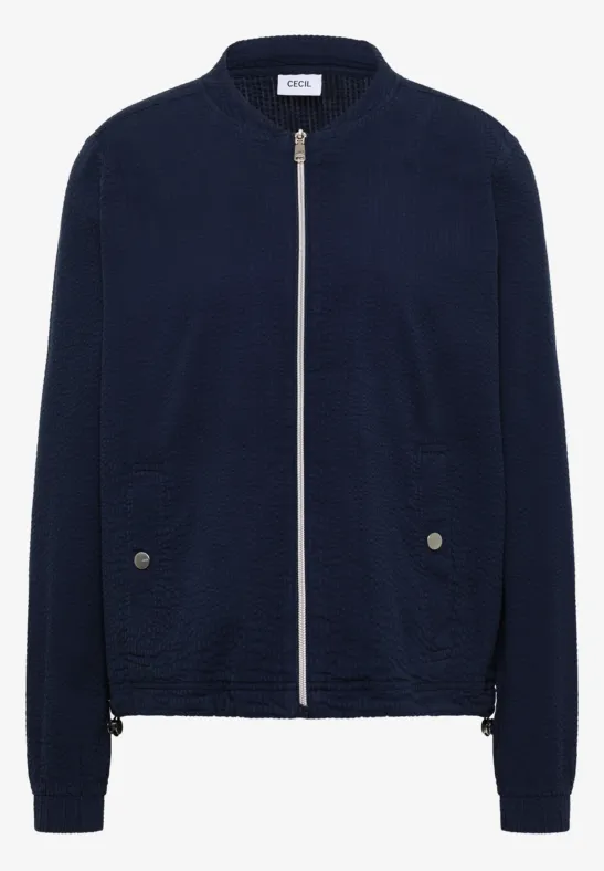 Dunkelblaue Bomberjacke mit Reißverschluss vorne und seitlichen Taschen
