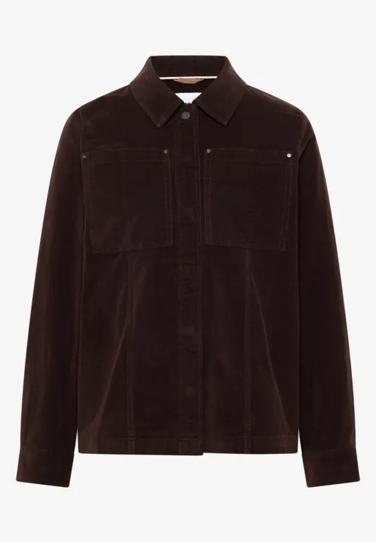 Veste-chemise en velours côtelé brun foncé, col chemise, patte de boutonnage dissimulée et poches poitrine.