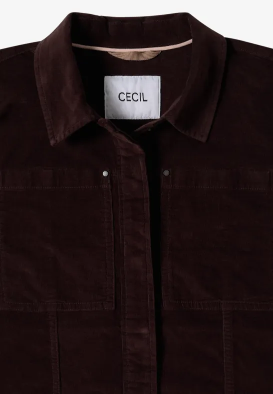 Veste en velours côtelé brun foncé avec col chemise et étiquette CECIL, tissu doux à texture légère.