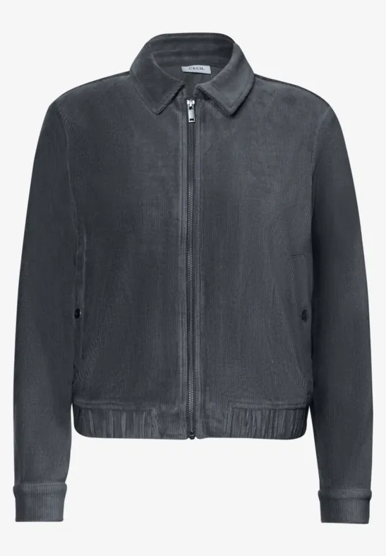 Schlichte, dunkelgraue Jacke mit durchgehendem Reißverschluss, Hemdkragen und elastischem Bund.