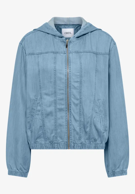 Veste en jean bleu clair à capuche, fermeture zippée intégrale, base et poignets élastiqués.