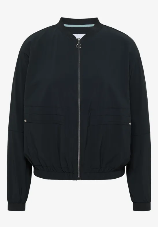 Veste bomber noire à zip, deux poches et poignets ainsi que taille élastiquée.