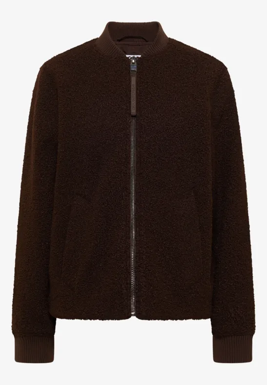 Dunkelbraune Teddyfleece-Jacke mit durchgehendem Reißverschluss und Rippbündchen