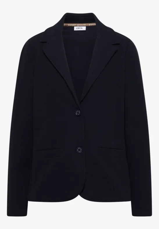 Veste blazer noire élégante à revers, deux boutons et poches avant.