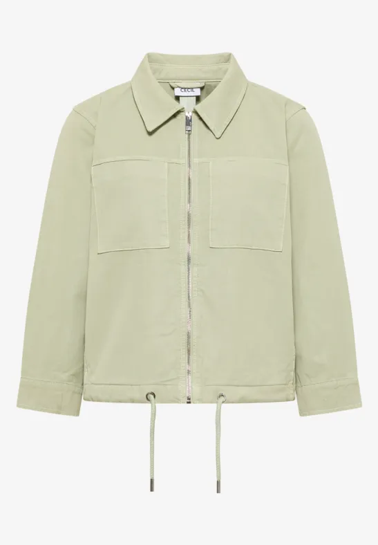 Hellgrüne leichte Jacke mit Kragen, Reißverschluss, Brusttaschen und verstellbarem Saum
