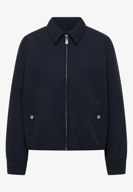 Dunkelblaue Bomberjacke mit Reißverschluss, Kragen und seitlichen Taschen