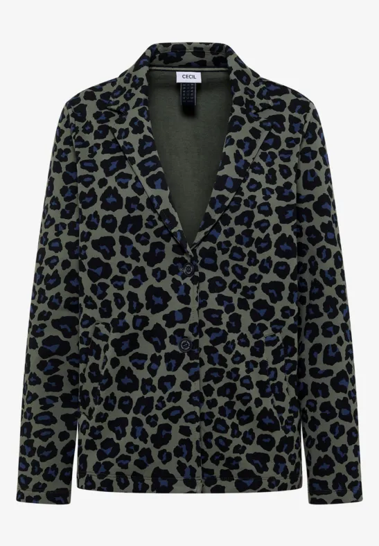 Veste blazer verte à motif léopard bleu foncé avec col à revers.