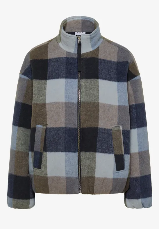 Veste bomber à carreaux bleus, gris et bruns avec fermeture éclair, col montant et poches latérales.