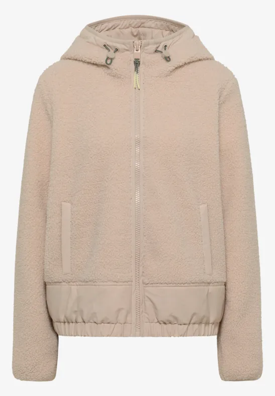 Beige teddyfleece-Kapuzenjacke mit Reißverschluss, Eingriffstaschen und elastischem Saum.