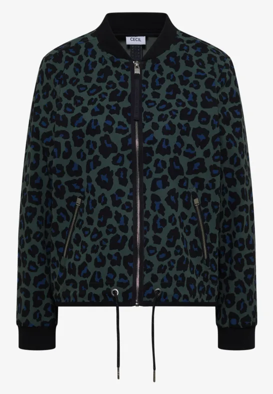 Bomberjacke mit grünem Leo-Print, Reißverschluss, Rippbündchen und Kordel am Saum.