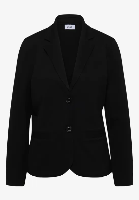 Schwarzer taillierter Damenblazer mit Reverskragen und Knopfleiste.