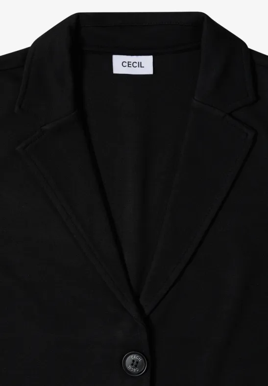 Schwarzer Blazer mit Revers und einem Knopf, 'CECIL'-Label innen am Kragen.