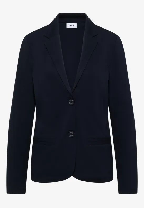 Dunkelblauer Blazer mit zwei Knöpfen, klassischem Revers und zwei aufgesetzten Taschen.