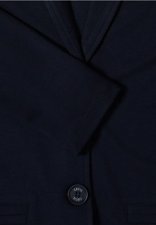 Dunkelblauer Anzugblazer mit Revers und Knopfverschluss.