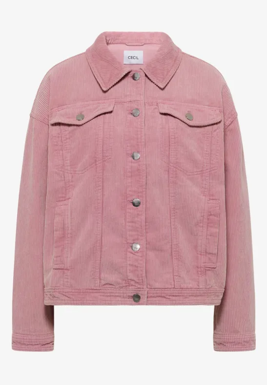 Veste trucker en denim rose, col classique, boutons-pression et poches poitrine.