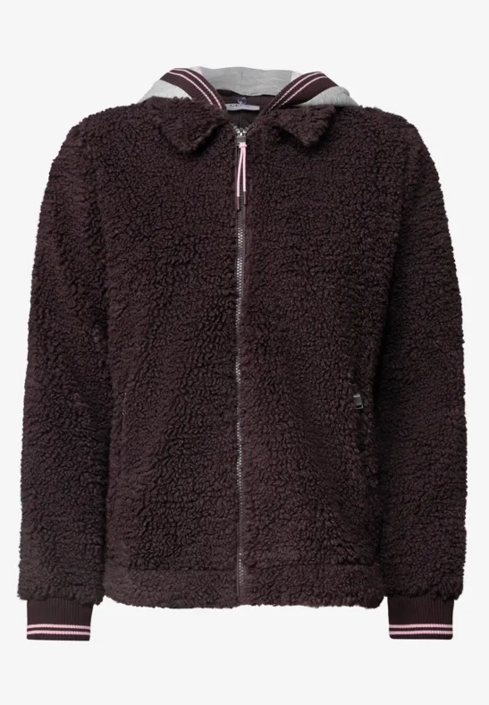 Dunkelbraune Teddy-Fleece-Jacke mit Kapuze und Reißverschluss, gestreifte Bündchen.
