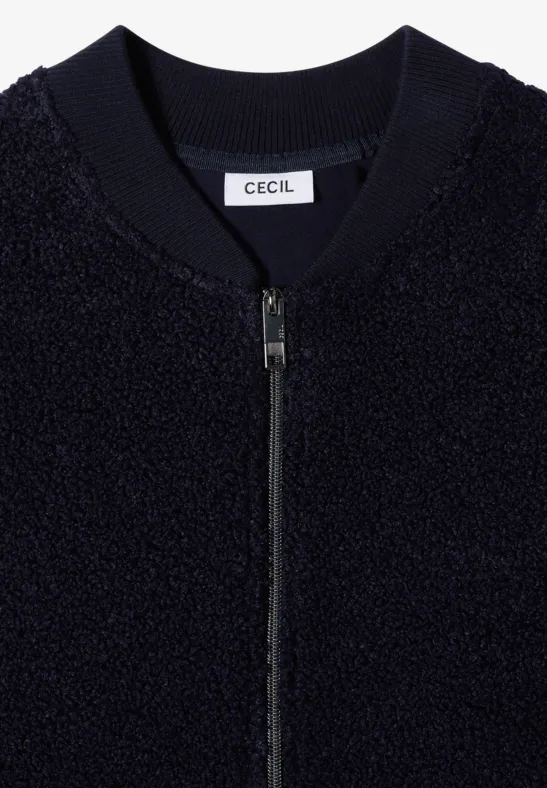 Dunkle, texturierte Bomberjacke mit Reißverschluss, geripptem Kragen und CECIL-Label.