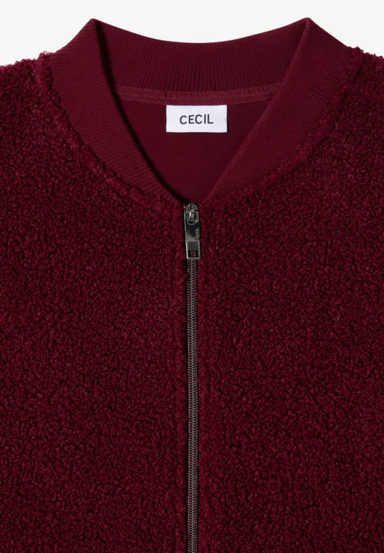 Bordowa polarowa kurtka z zamkiem, stójką i dyskretnym logo CECIL.