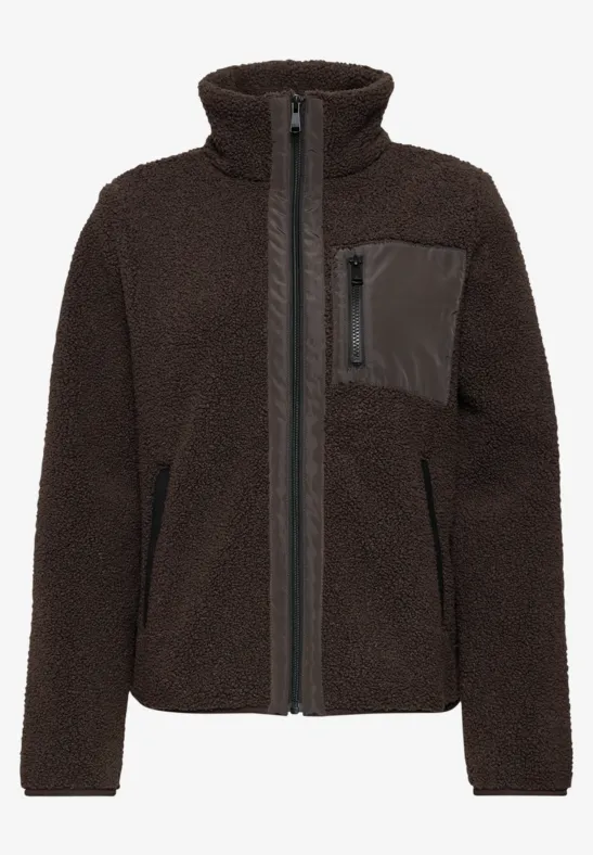 Bruine teddyfleece jas met opstaande kraag, ritssluiting en borstzak