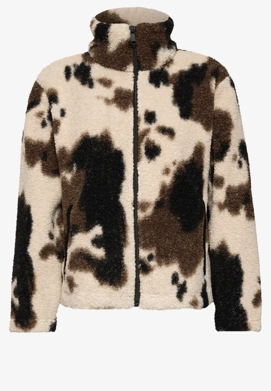 Flauschige Jacke mit Kuhfleckenmuster in Weiß, Braun und Schwarz, durchgehender Reißverschluss
