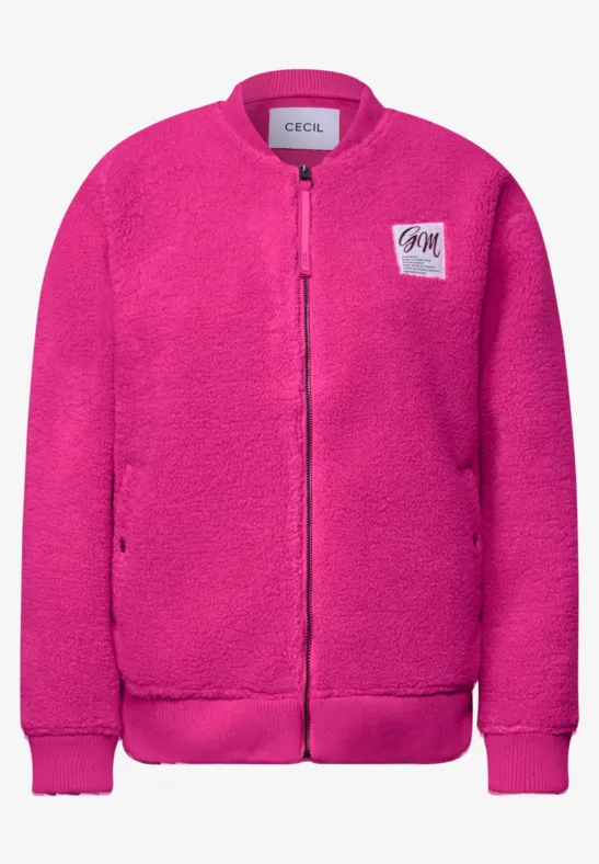 Warme felroze teddyfleece bomberjack met ritssluiting en steekzakken.