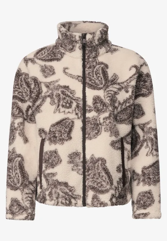 Beige Teddy-Fleecejacke mit Reißverschluss und braunem Paisley-Muster.