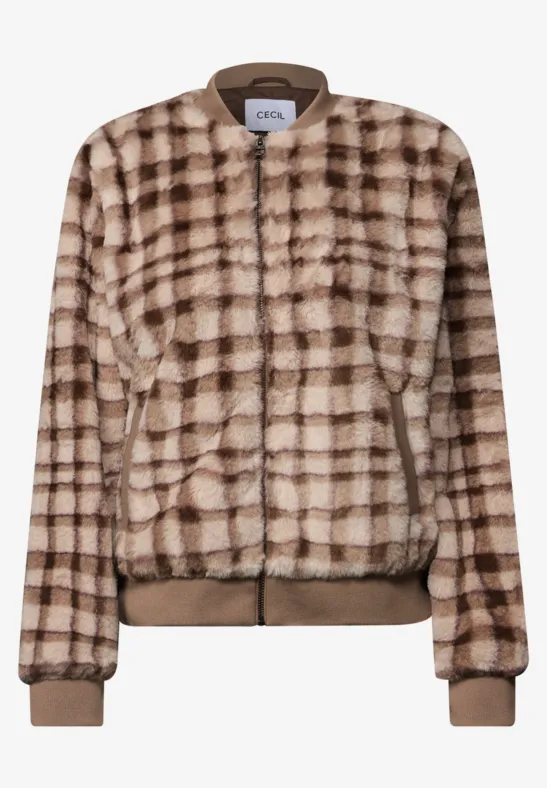 Bomberjacke aus kariertem Kunstfell in Beige- und Brauntönen mit Reißverschluss und Rippbündchen.