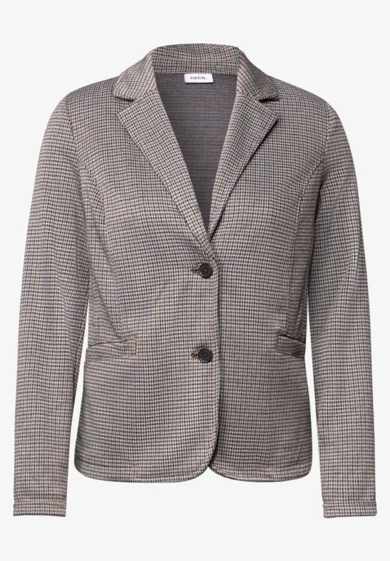 Damenblazer mit dezentem Karomuster, Zweiknopf-Verschluss und aufgesetzten Taschen.