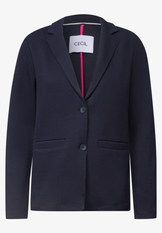 Navyblauer Blazer mit Reverskragen, zwei Knöpfen und Taschen.
