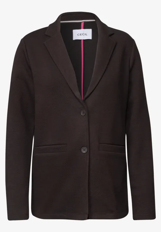 Schwarzer Blazer mit Reverskragen, zwei Knöpfen und dezenten Taschen.