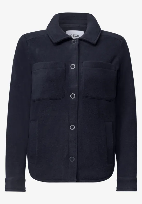 Schwarze Fleece-Hemdenjacke mit Knopfleiste und Brusttaschen.