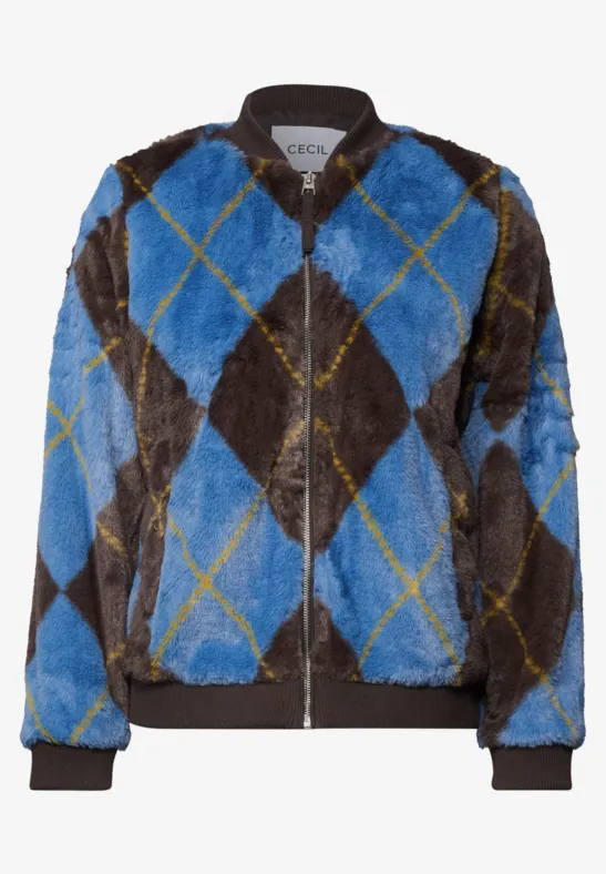 Pelzjacke im Bomberstil mit blau-braunem Rautenmuster und gelben Linien