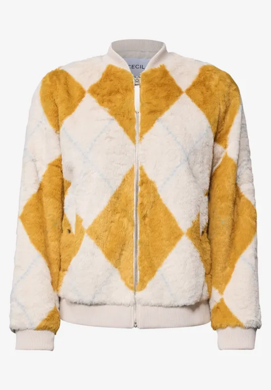 Flauschige Bomberjacke mit Gelb-Weiß-Karo-Muster und Reißverschluss, Bündchen an Ärmeln und Saum.