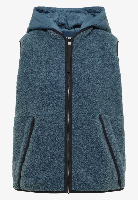 Ärmellose Teddyfleece-Weste in Blau mit Kapuze und durchgehendem Reißverschluss