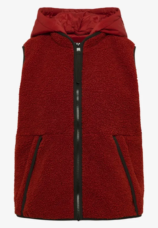 Rote, kuschelige Kapuzen-Weste mit Reißverschluss und Taschen, ideal für kühle Tage.