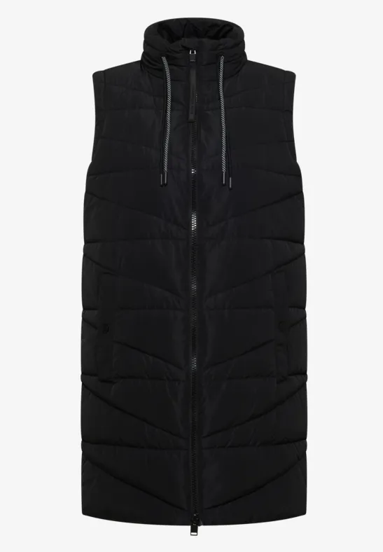 Long gilet matelassé noir à capuche et fermeture éclair, rembourré avec poches latérales.