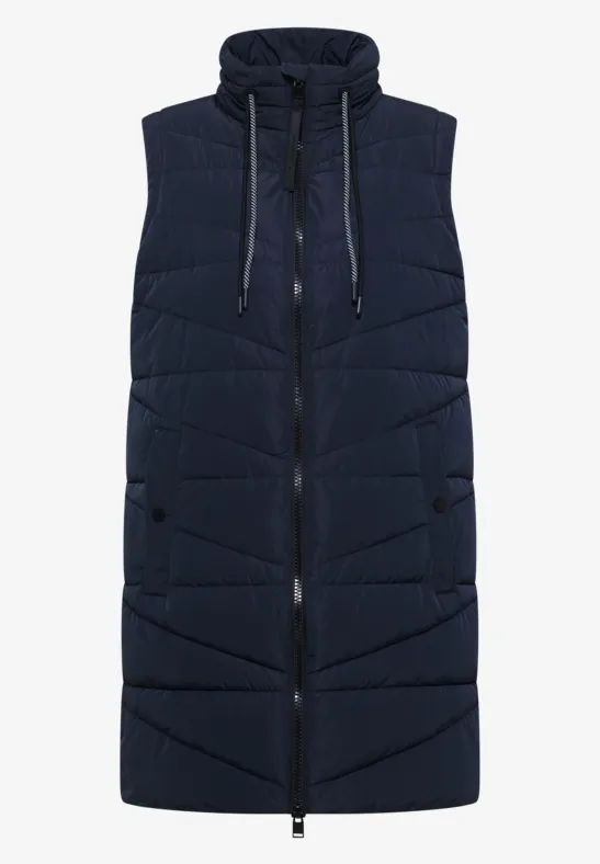 Veste sans manches matelassée longue bleu foncé avec capuche, fermeture éclair et poches.