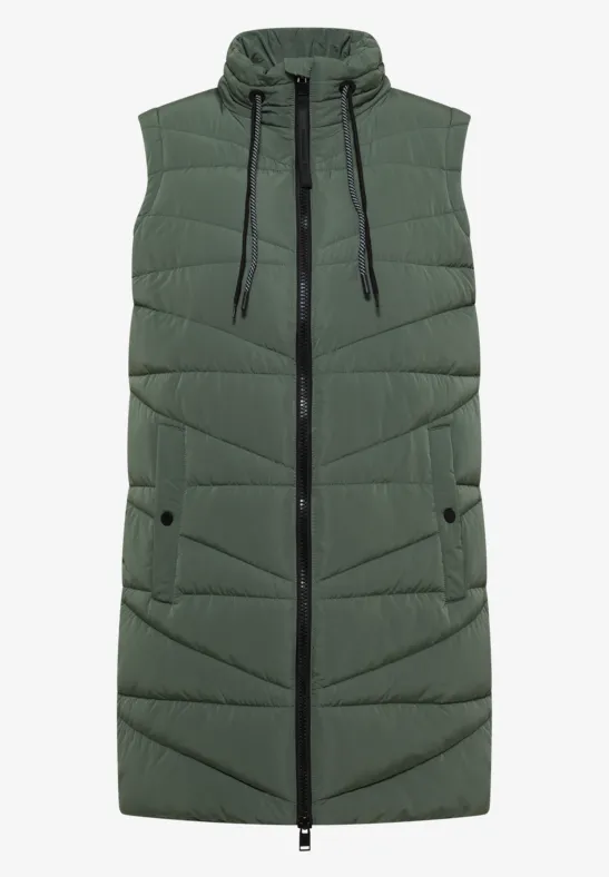 Long gilet matelassé sans manches à capuche et fermeture éclair, couleur vert olive.